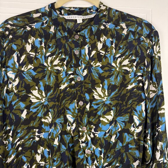 Veronica Beard Long-Sleeve Printed Button-Front Tie-Waist Shirtdress - Size 10 - Picture 5 of 9